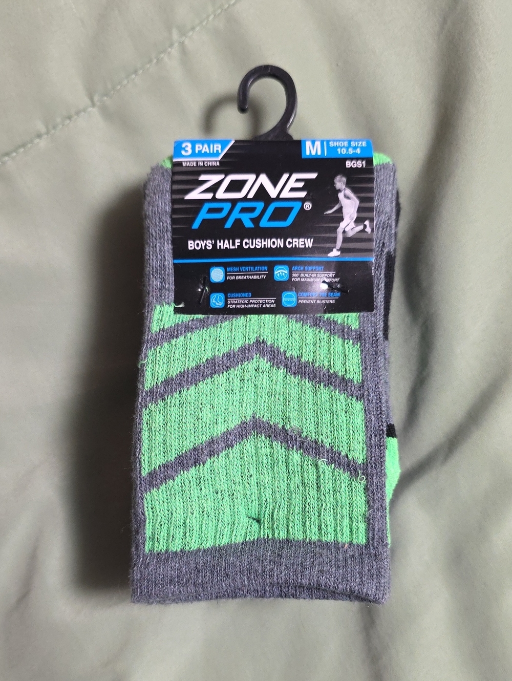 Zone Pro Boy's Athletic Crew Socks - Gray & Green